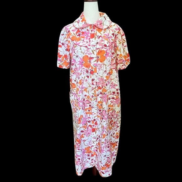 Vintage Floral Pearl Snap Front Short Sleeve House Dress Robe Small - Picture 1 of 7